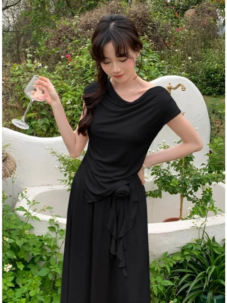 vmtvr 2024 Summer New Flowers Korean Fashion Irregular T-Shirt Top Women's French Elegant Pastoral Casual Long Skirt Two Piece Set