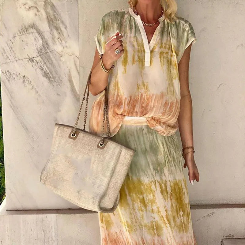 vmtvr Fashion Temperament Printed Party Suit Women V-neck Sleeveless Vest Top with Skirt Two Piece Sets Elegant Summer Holiday Outfits