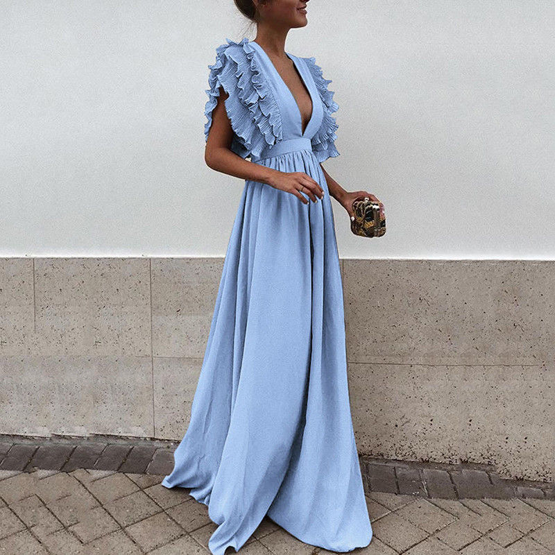 vmtvr Formal Party Dress Women Deep V-Neck Long Dress Elegant Flying Sleeves Backless Maxi Evening Dresses Robe De Soiree