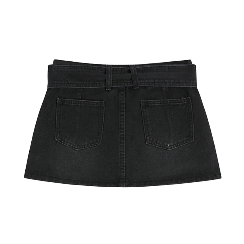 vmtvr Low Waist Women Mini Skirts Black Summer Belt Sexy A Line Denim Skirts Korean Fashion Streetwear New Y2K Jeans Skirt