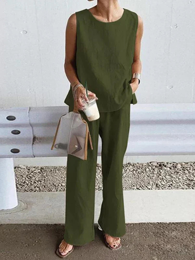 vmtvr Solid Cotton Linen Outfits Women Casual O Neck Sleeveless Pullover Blouse and Straight Pants Suits Summer Casual Loose 2Pc Sets