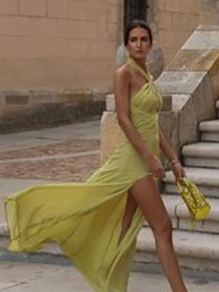 vmtvr Sexy Solid Pleated Women's Split Maxi Dress Chic Hanging Neck Open Back Sleeveless Vestidos Summer Lady Party Elegant Robes