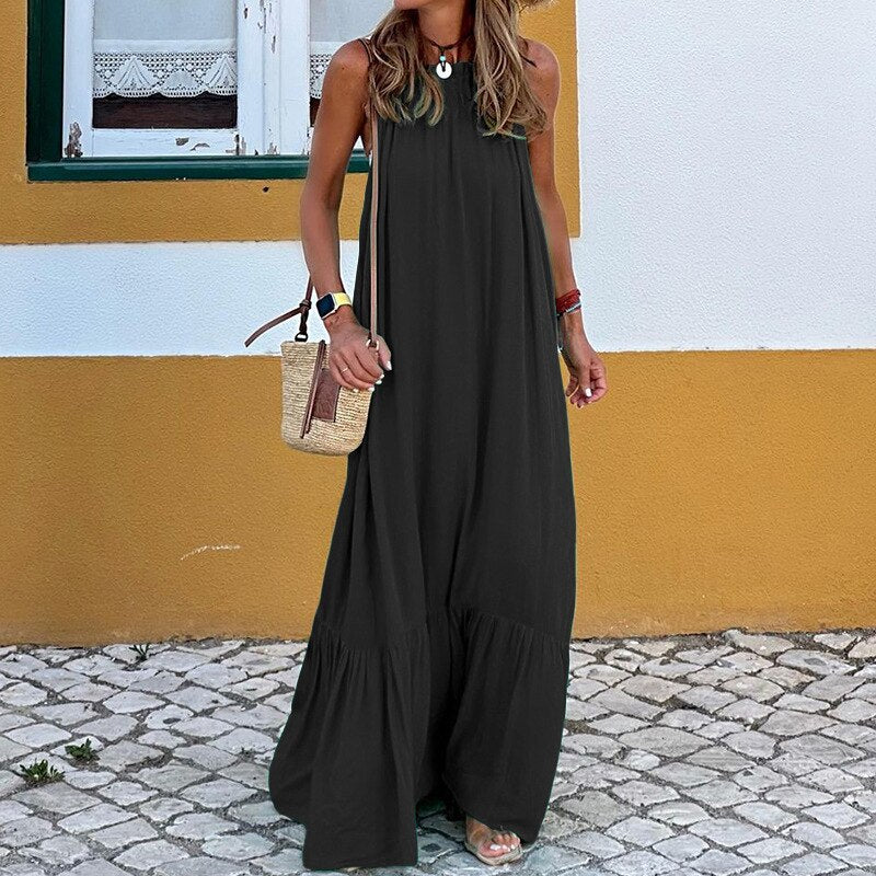 Lady Elegant Evening Dress Off Shoulder O-neck Sleeveless Solid Color Loose Maxi Dress Spring Summer Women Dresses Vestidos