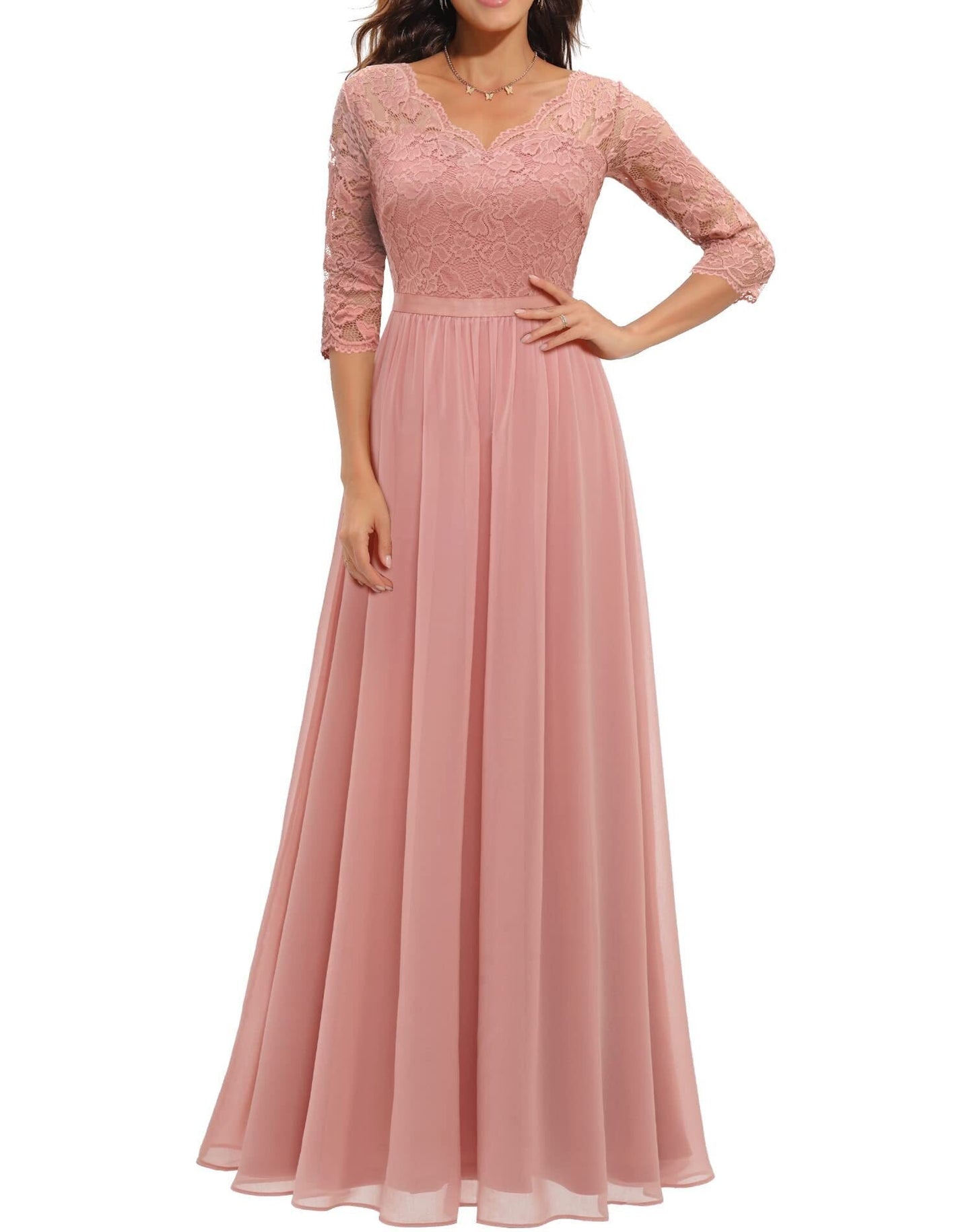vmtvr Women's Elegant Vintage V Neck 3/4 Sleeve Floral Lace Chiffon Wedding Bridesmaid Maxi Dress Long Formal Dresses