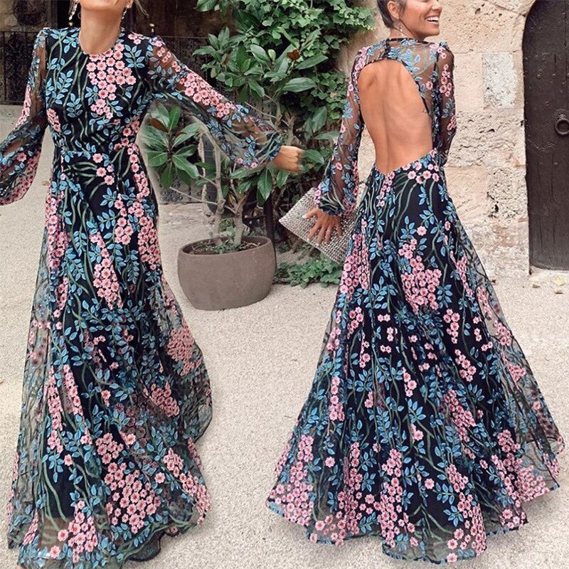 vmtvr - Elegant Maxi Dress Spring Summer Women's Clothes Sexy Backless Slim Print Dress Outfits For Women Vestidos