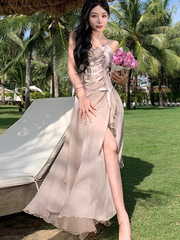 vmtvr - Maxi Long Dresses for Women New Summer Elegant Spaghetti Strap Slim Split Ruffle Female Clothes Beach Holiday Bandage Dress