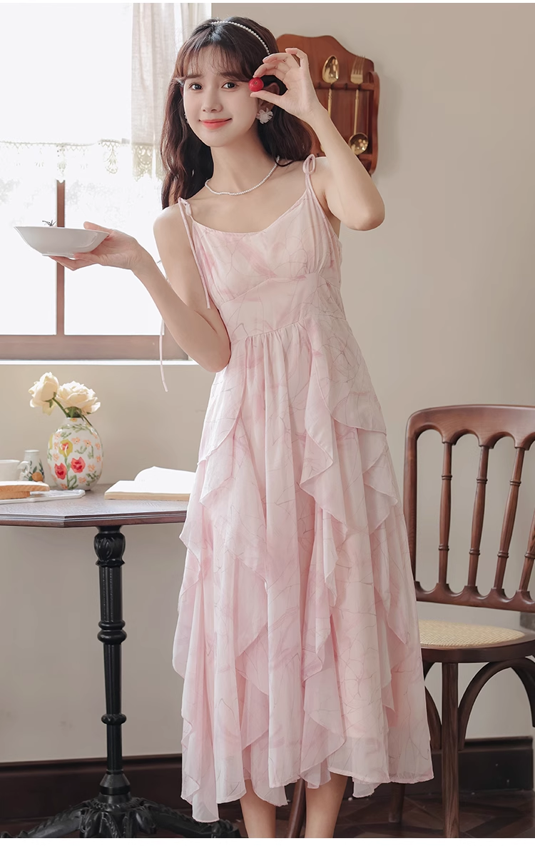 - Pink ruffled chiffon suspender dress for women summer GEU1188