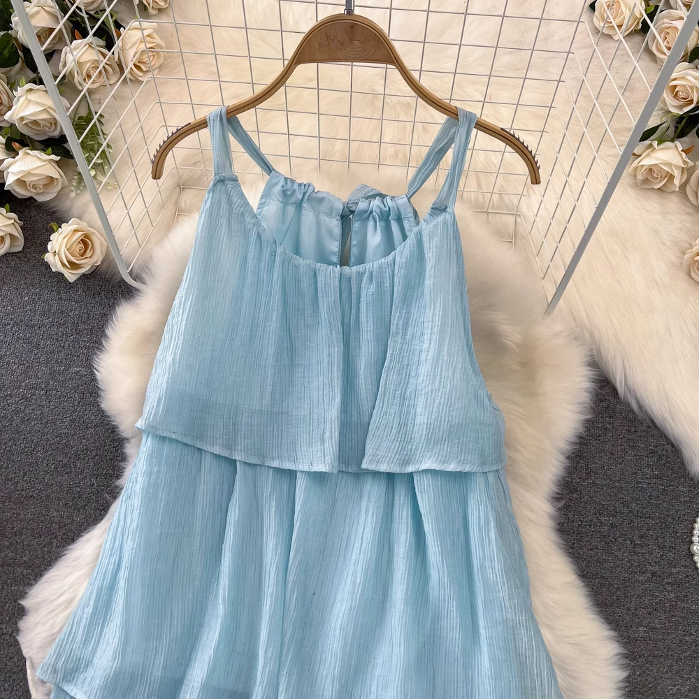 - Blue A-line Dress Seaside Vacation Beach Dress GEU989