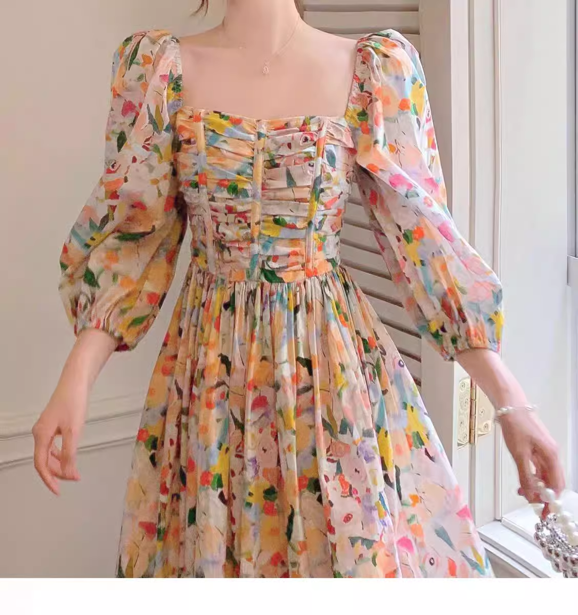 - Retro Chic Floral Puff Sleeve Dress for Women Summer GEU1133