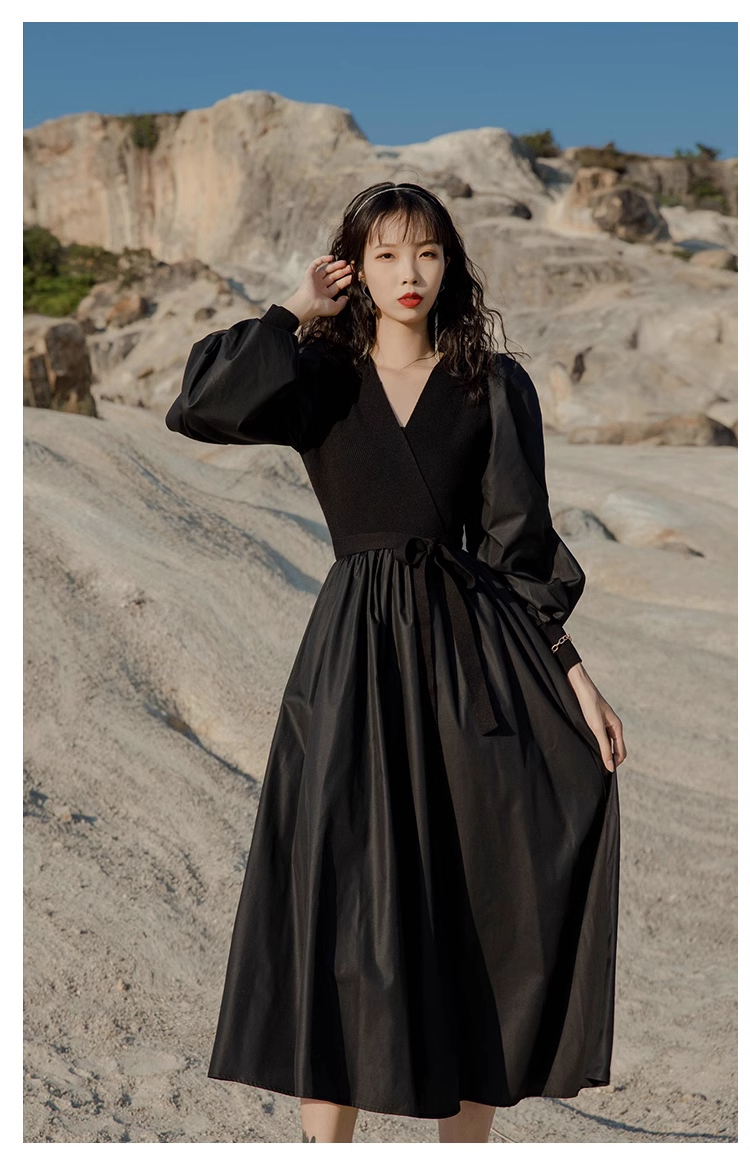 - Knitted patchwork black v-neck long-sleeved dress GEU1137