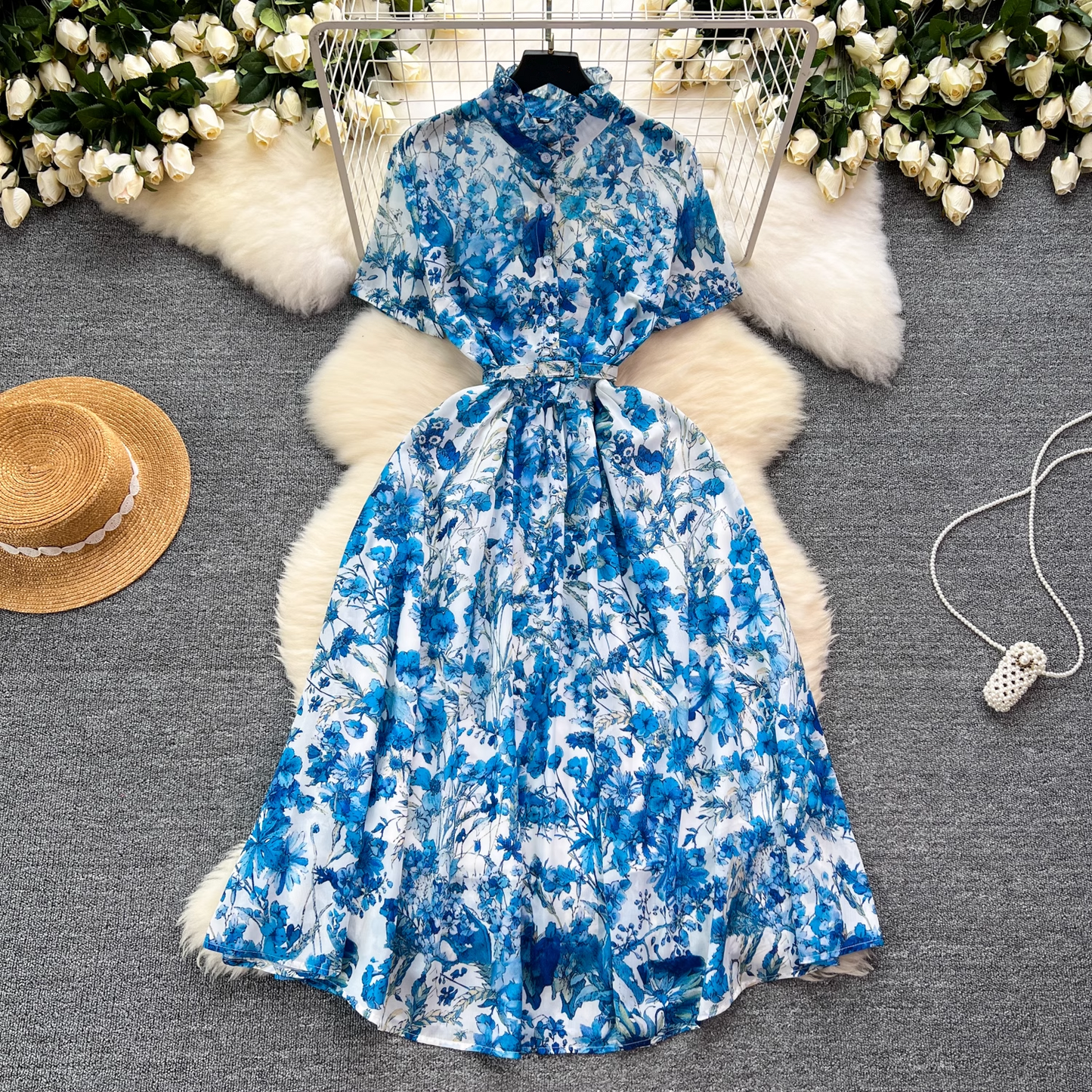 - Summer new retro elegant fashionable printed short-sleeved long dress GEU1117