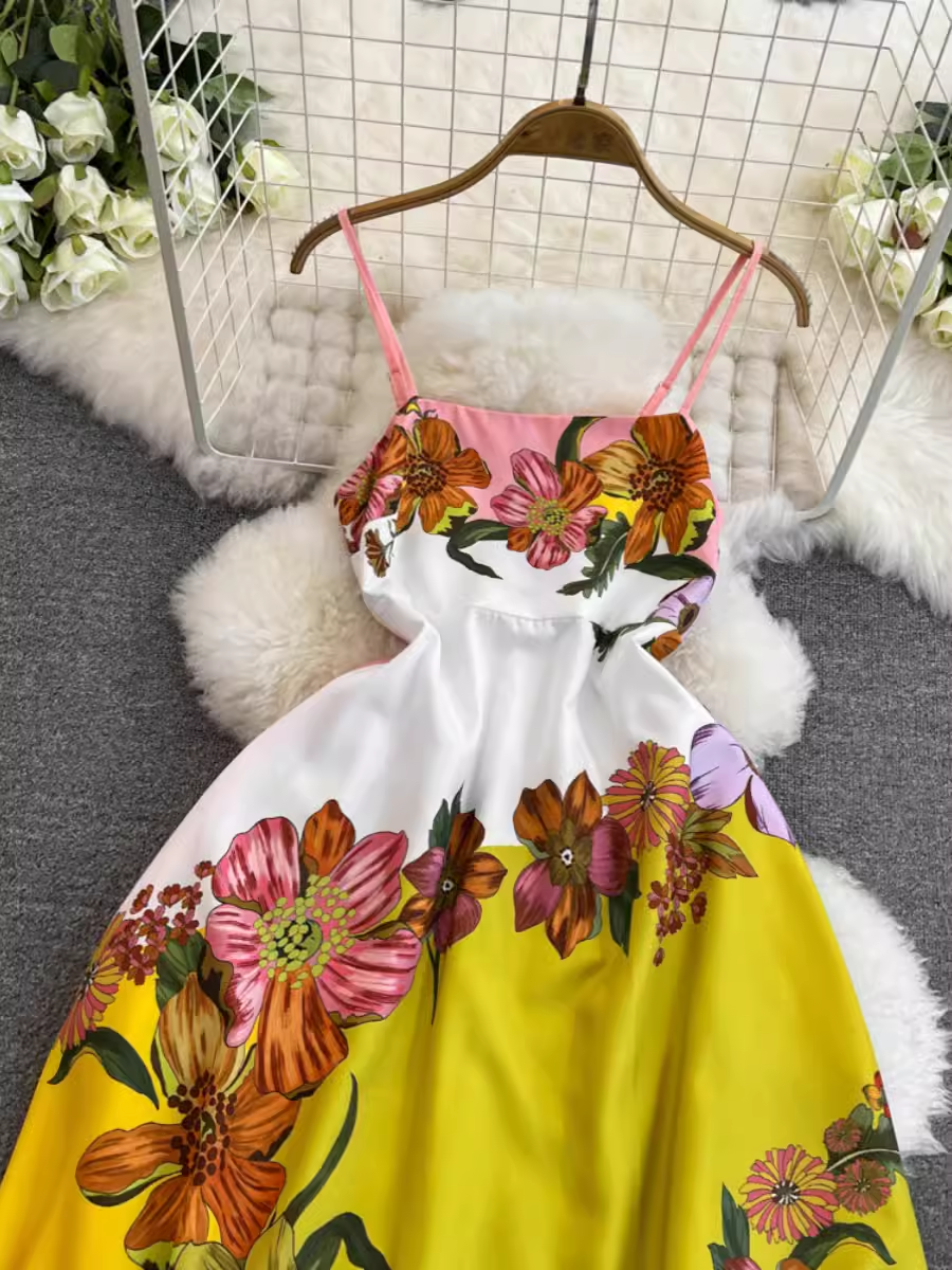 - Women's retro floral suspender dress summer bohemian style GEU1425