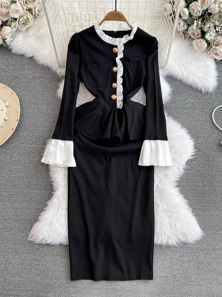 - Flared long-sleeve stand-up collar waist bodycon dress GEU991