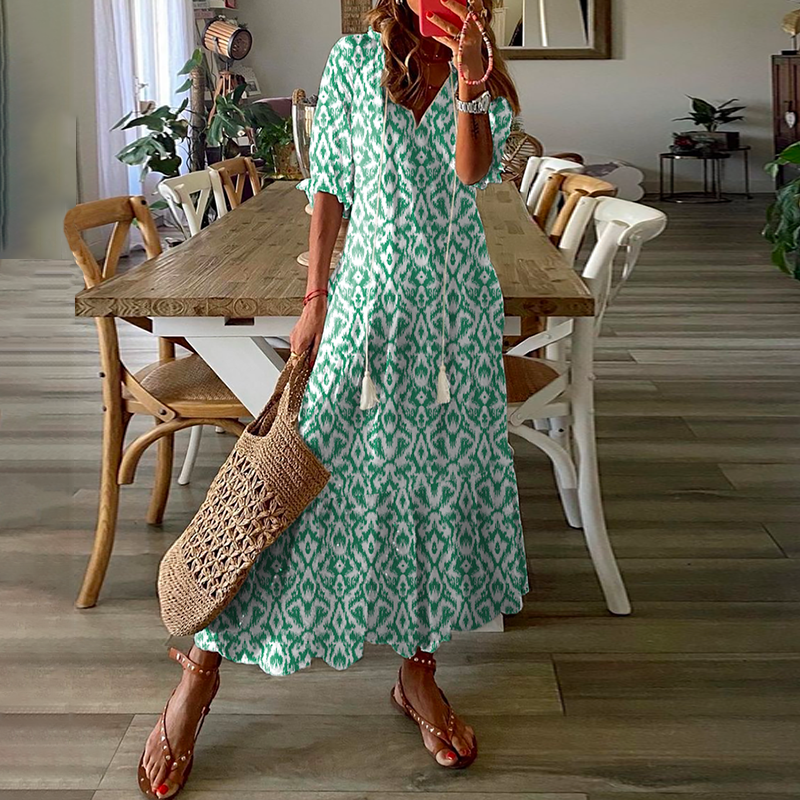 vmtvr - Women'S Half Sleeve Floral Print V Neck Casual Geometric Maxi Dress