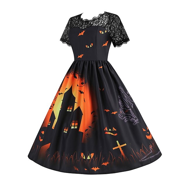 Women‘s Halloween Dress Retro 1950s Vintage Dress Midi Dress Holiday Lace Patchwork Graphic V Neck Short Sleeve Regular Fit Spring Fall Red Orange S M L XL