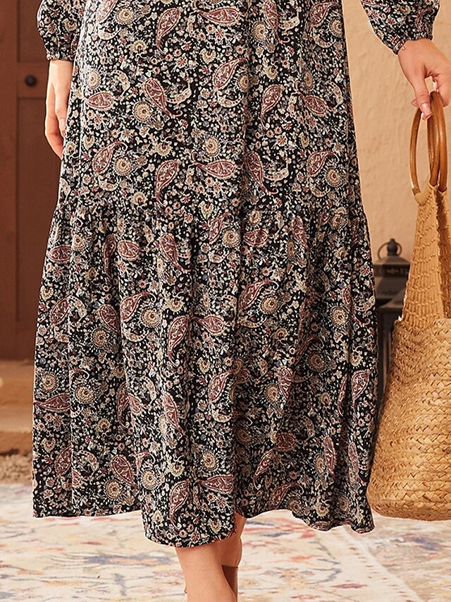 Women's Casual Dress A Line Dress Print Dress Floral Print V Neck Long Dress Maxi Dress Active Fashion Outdoor Street Long Sleeve Regular Fit Black Fall Winter S M L XL XXL