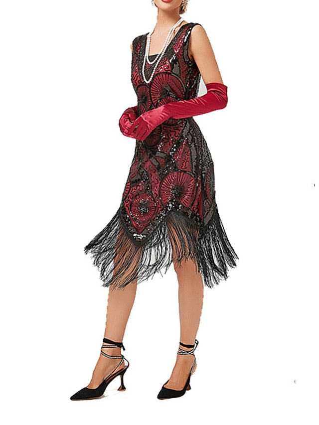 Women‘s Halloween Dress Retro Elegant Vintage Dress Midi Dress Party Sequins Tassel Fringe Geometric V Neck Sleeveless Regular Fit Summer Spring Black Red XS S M L