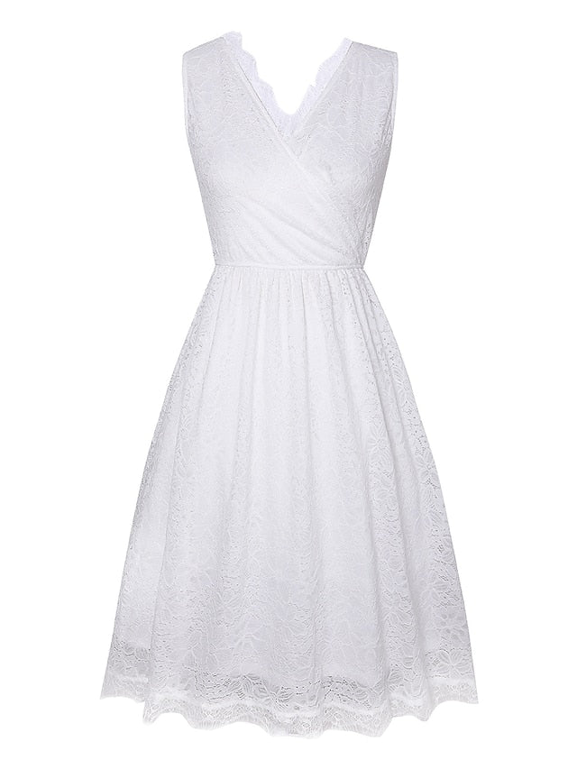 Women‘s Halloween Dress Retro Vintage Dress Midi Dress Party Lace Plain V Neck Sleeveless Black White S M L XL