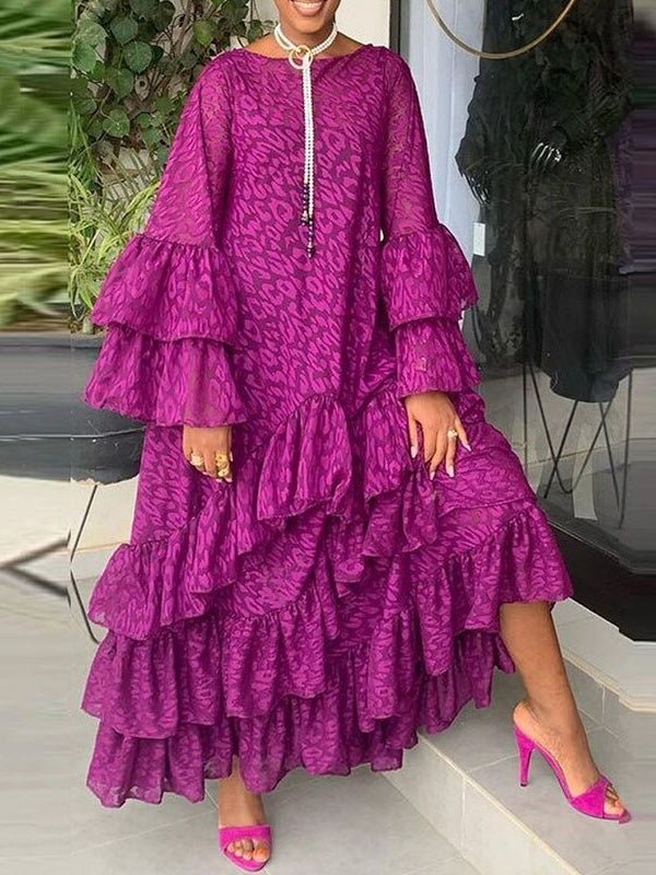 vmtvr - Flared Sleeves Loose Falbala Solid Color Round-Neck Maxi Dresses