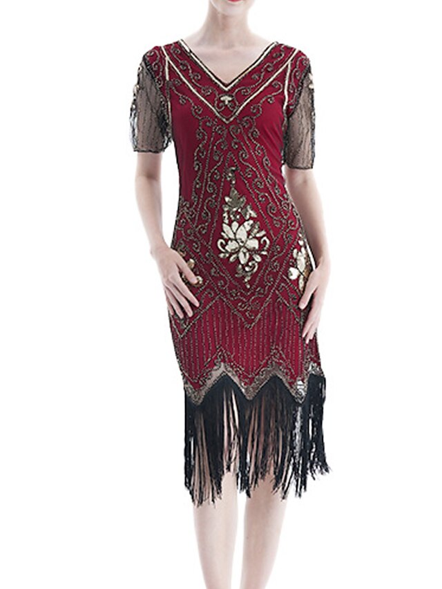 Women‘s Halloween Dress Retro 1920s Fringe Dress Midi Dress Party Outdoor Sequins Tassel Fringe Floral V Neck Short Sleeve Regular Fit Summer Spring Black Golden S M L XL