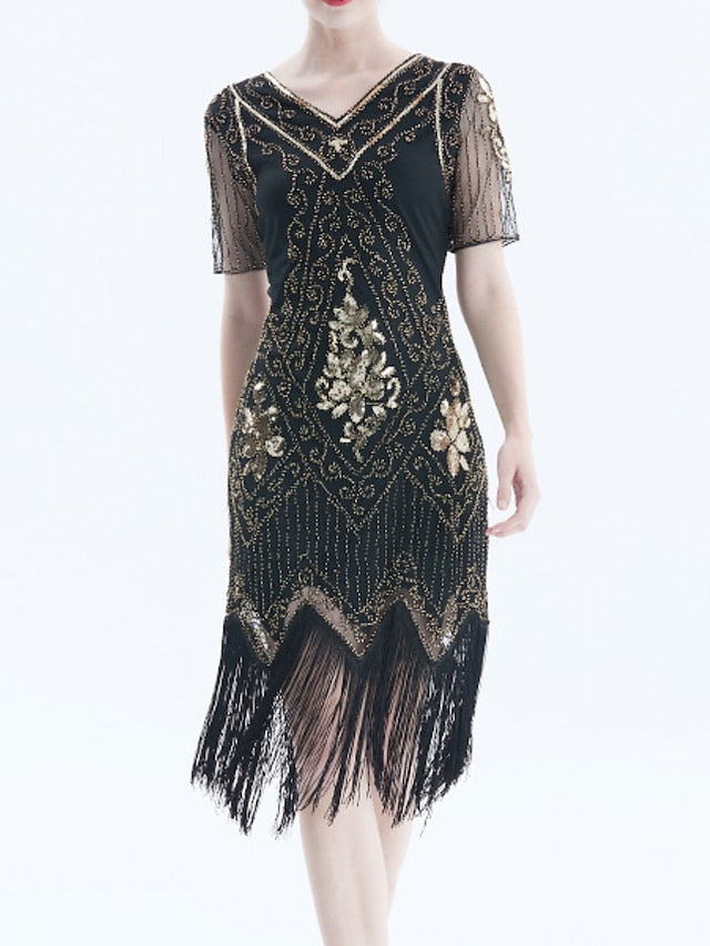 Women‘s Halloween Dress Retro 1920s Fringe Dress Midi Dress Party Outdoor Sequins Tassel Fringe Floral V Neck Short Sleeve Regular Fit Summer Spring Black Golden S M L XL