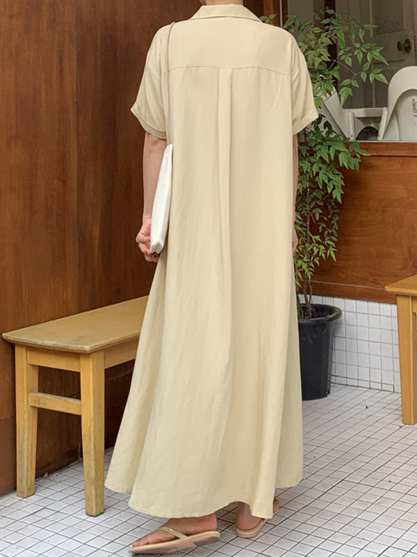 vmtvr - Vintage Solid Color Short Sleeve Loose Casual Midi Dress