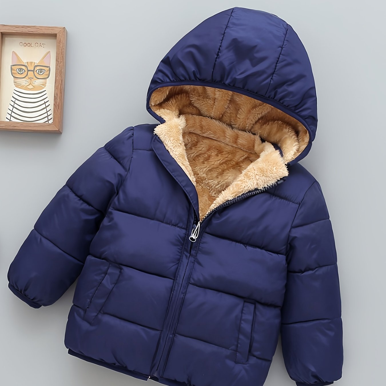 Kid's Fleece Lining Padded Jacket With Detachable Hood, Warm Zip Up Coat, Boy's Clothes For Winter Outdoor, As Gift