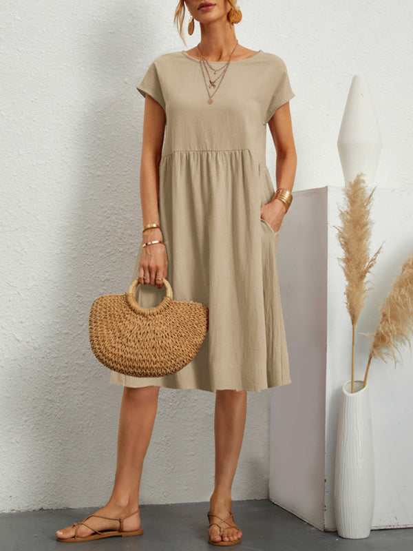 11 Colors Round-Neck Solid Color A-Line Midi Dress