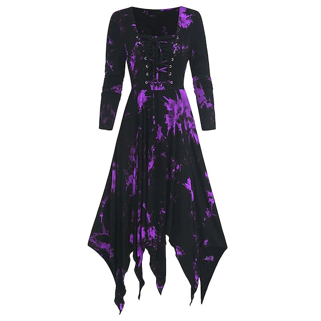 Women‘s Halloween Dress Retro 1950s Vintage Dress Midi Dress Halloween Daily Drawstring Print Tie Dye Crew Neck 3/4 Length Sleeve Regular Fit Spring Fall Red Blue S M L XL