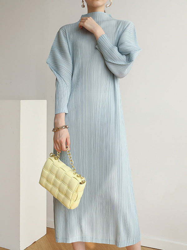 vmtvr - Original Creation Loose Long Sleeves Pleated Solid Color High-Neck Midi Dresses