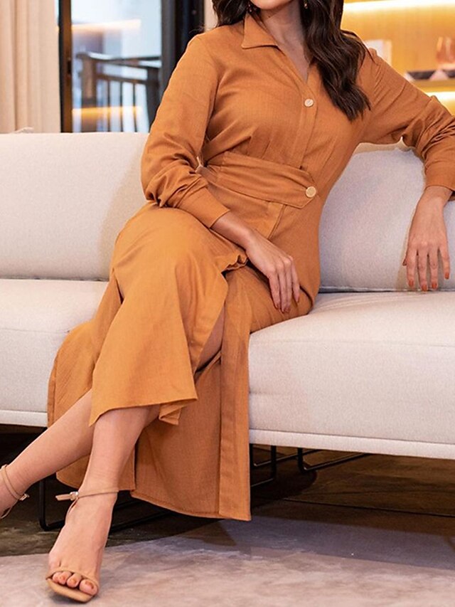 Women's Shirt Dress Casual Dress Plain Dress Long Dress Maxi Dress Button Split Street Daily Holiday Fashion Streetwear Shirt Collar Long Sleeve Loose Fit Blue Orange Dark Blue Color S L XL XXL