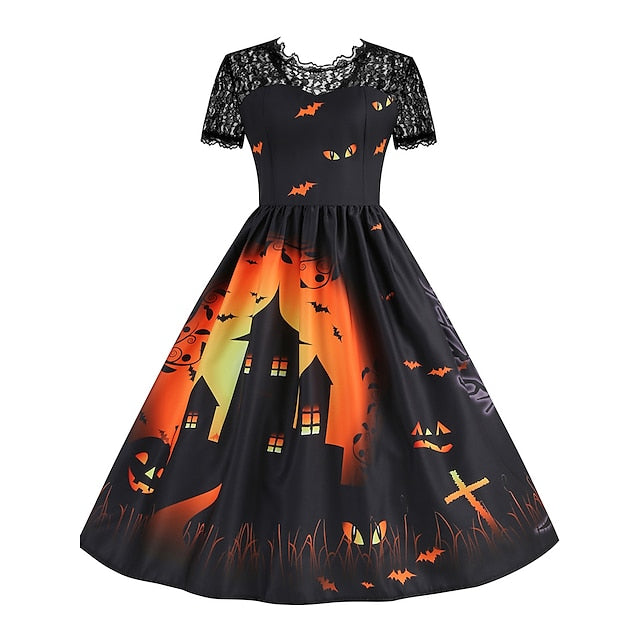 Women‘s Halloween Dress Retro 1950s Vintage Dress Midi Dress Holiday Lace Patchwork Graphic V Neck Short Sleeve Regular Fit Spring Fall Red Orange S M L XL