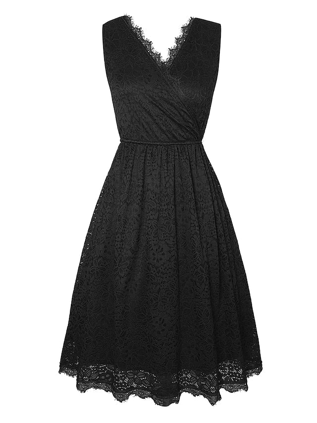 Women‘s Halloween Dress Retro Vintage Dress Midi Dress Party Lace Plain V Neck Sleeveless Black White S M L XL
