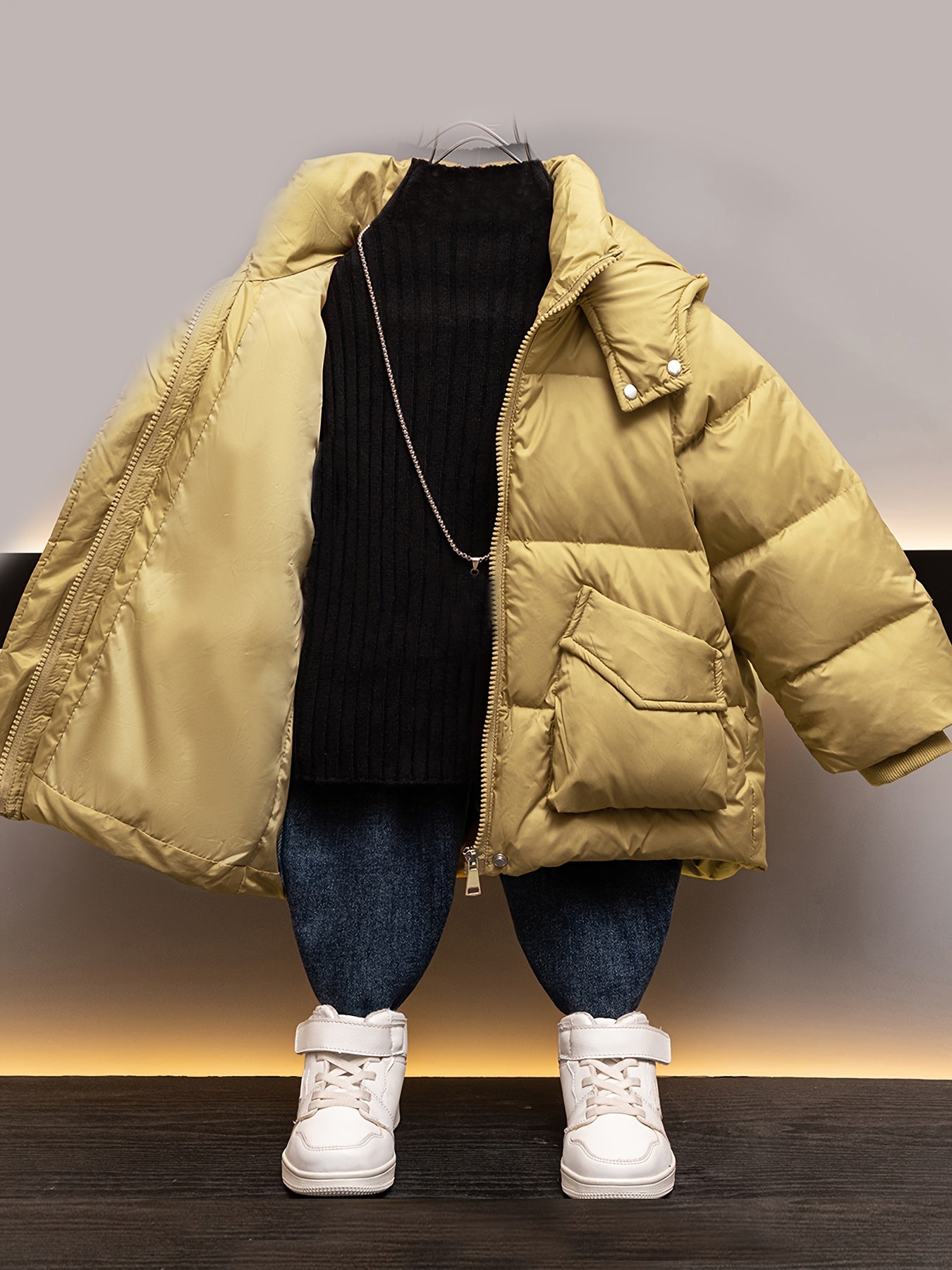 Cozy Winter Hooded Jacket for Boys - Soft Cotton-Padded, Solid Color, Stand Collar, Warm Zip-Up Coat, Perfect for Outdoor Play, Ideal Gift for Kids