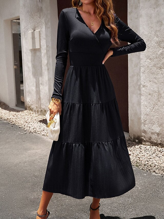 Women's Casual Dress Black Dress Plain Dress Long Dress Maxi Dress Ruched Street Daily Holiday Fashion Streetwear V Neck Long Sleeve Slim Black Wine Green Color S M L XL Size