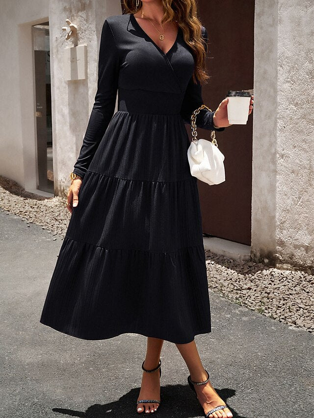 Women's Casual Dress Black Dress Plain Dress Long Dress Maxi Dress Ruched Street Daily Holiday Fashion Streetwear V Neck Long Sleeve Slim Black Wine Green Color S M L XL Size