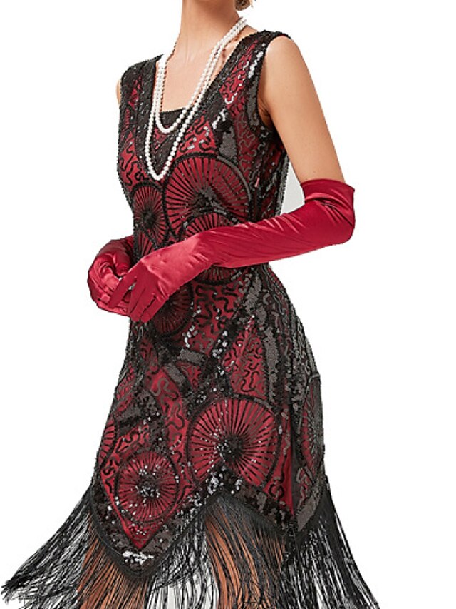 Women‘s Halloween Dress Retro Elegant Vintage Dress Midi Dress Party Sequins Tassel Fringe Geometric V Neck Sleeveless Regular Fit Summer Spring Black Red XS S M L