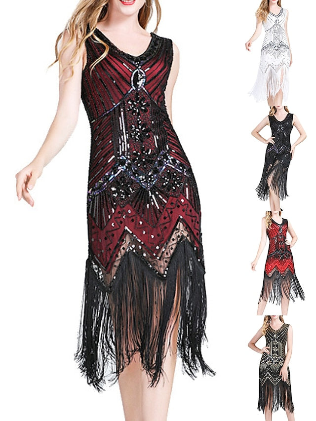 Women‘s Halloween Dress Retro 1920s Fringe Dress Midi Dress Party Outdoor Sequins Tassel Fringe Plain V Neck Sleeveless Regular Fit Summer Spring claret Black S M L XL