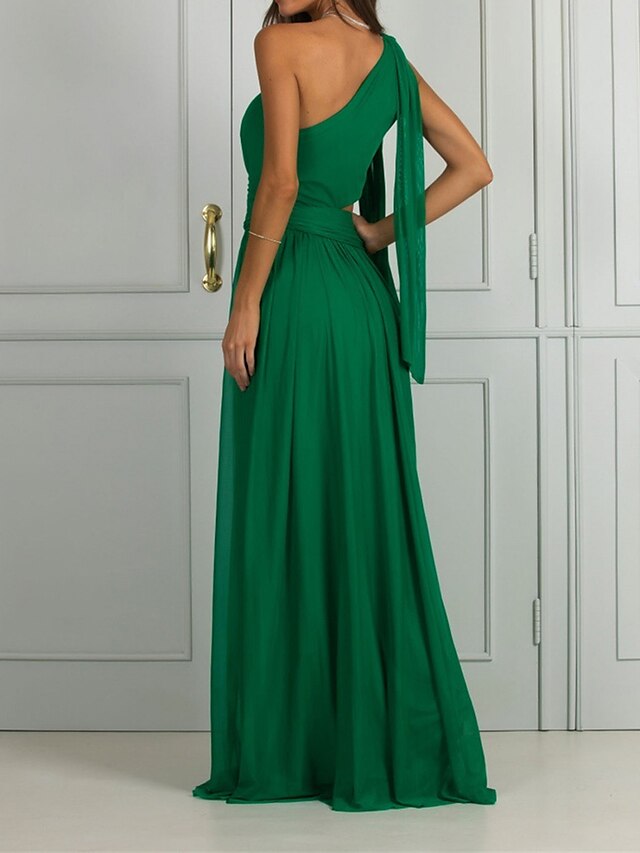 Women's Prom Dress Party Dress Cut Out Dress Long Dress Maxi Dress Green Long Sleeve Pure Color Backless Spring Fall Winter One Shoulder Fashion Birthday Evening Party Wedding Guest S M L XL