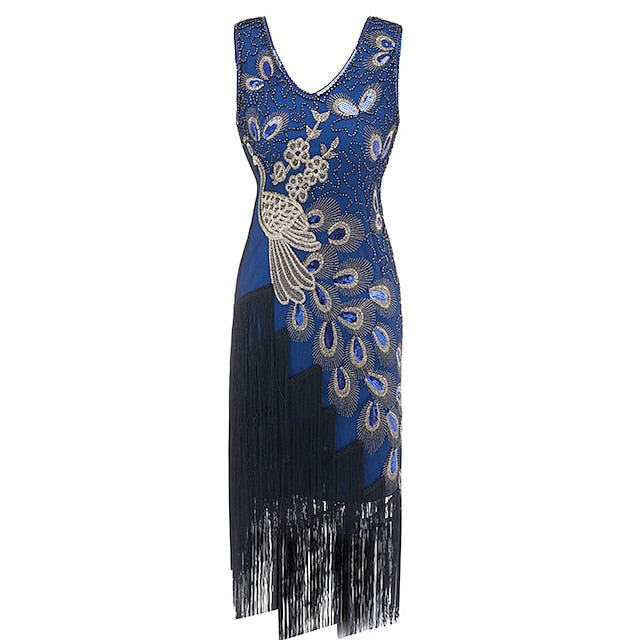 Women's Retro 1920s Fringe Dress Midi Dress Party Holiday Sequins Tassel Fringe Animal V Neck Sleeveless Regular Fit Spring Fall Black Red S M L XL