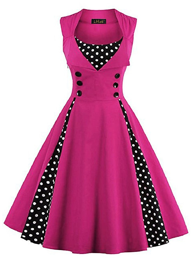 Women‘s Halloween Dress Retro 1950s Vintage Dress Midi Dress Party Button Print Floral V Neck Sleeveless Regular Fit Summer Spring claret Red black S M L XL