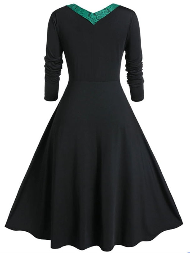 Women‘s Halloween Dress A Line Dress Midi Dress Red Purple Green Long Sleeve Color Block Lace Fall Winter Autumn V Neck Vintage Winter Dress Fall Dress L XL XXL 4XL 5XL