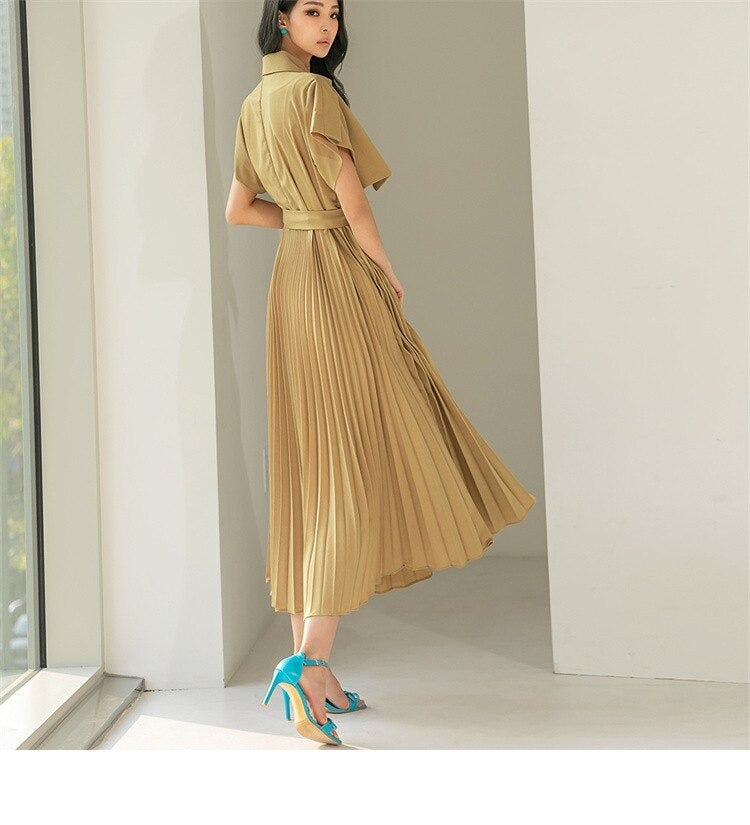 Summer Lace-Up Dress Fashion Vintage Luxury Elegant Pleated Vestidos Slim Women Evening Party