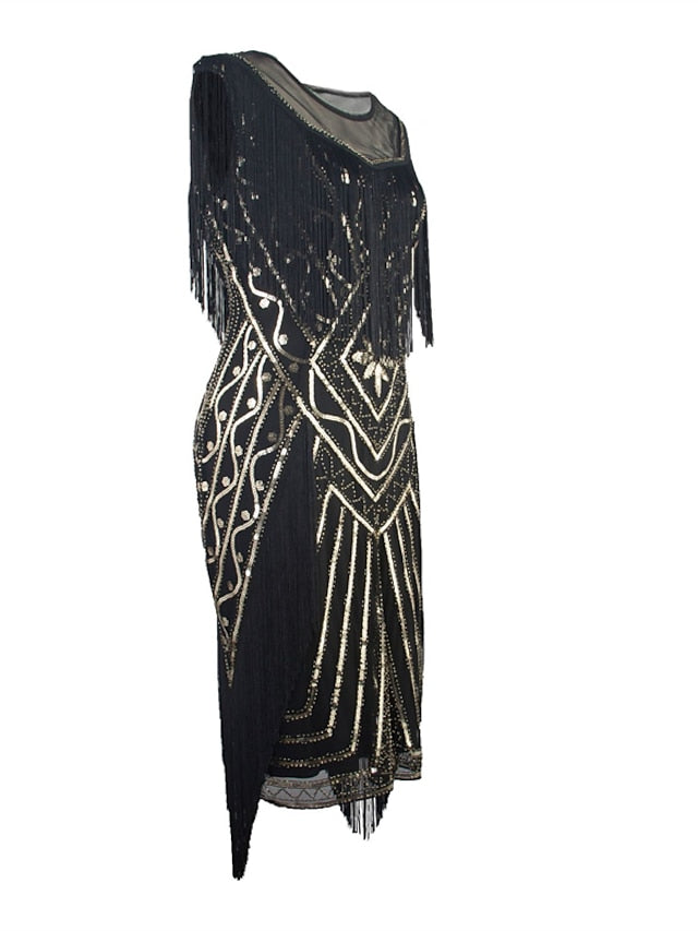 Women‘s Halloween Dress Party Dress Fringe Dress Sequin Dress Midi Dress Green Black Gold Short Sleeve Striped Sequins Spring Fall Crew Neck 1920s Party Style M L XL XXL 3XL