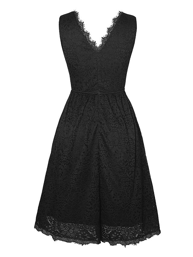 Women‘s Halloween Dress Retro Vintage Dress Midi Dress Party Lace Plain V Neck Sleeveless Black White S M L XL