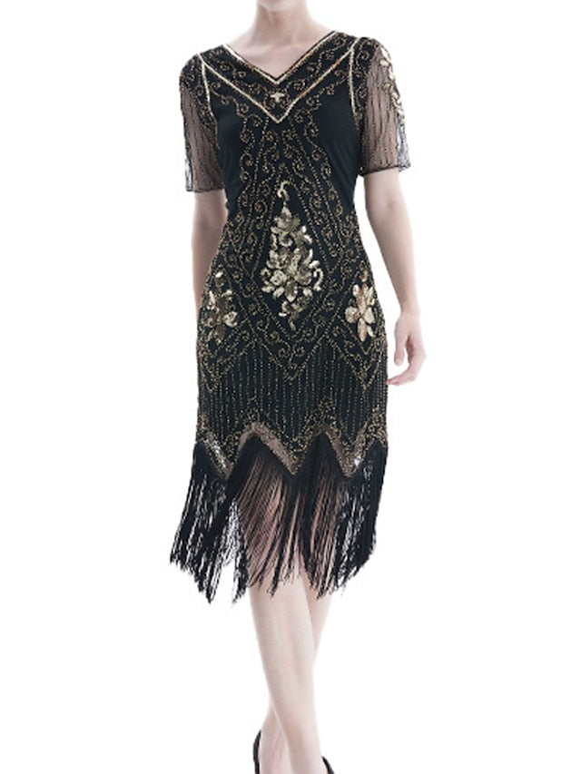 Women‘s Halloween Dress Retro 1920s Fringe Dress Midi Dress Party Outdoor Sequins Tassel Fringe Floral V Neck Short Sleeve Regular Fit Summer Spring Black Golden S M L XL