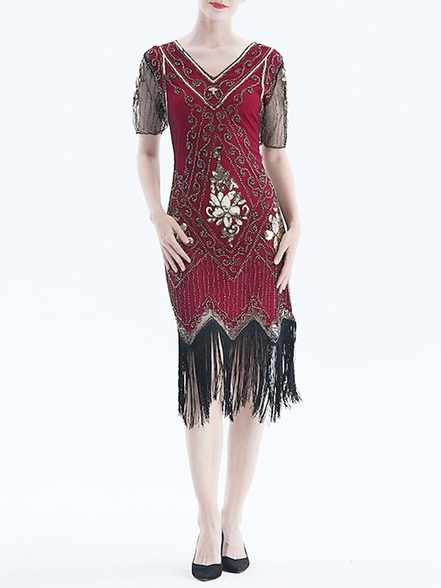 Women‘s Halloween Dress Retro 1920s Fringe Dress Midi Dress Party Outdoor Sequins Tassel Fringe Floral V Neck Short Sleeve Regular Fit Summer Spring Black Golden S M L XL