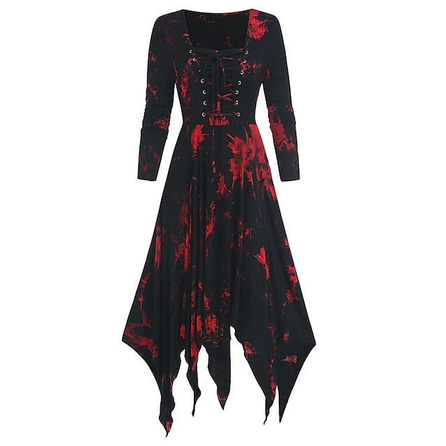 Women‘s Halloween Dress Retro 1950s Vintage Dress Midi Dress Halloween Daily Drawstring Print Tie Dye Crew Neck 3/4 Length Sleeve Regular Fit Spring Fall Red Blue S M L XL