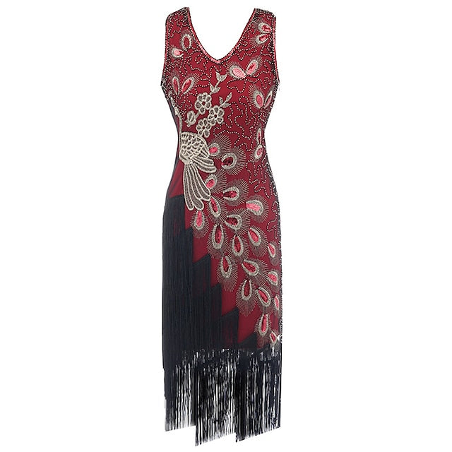Women's Retro 1920s Fringe Dress Midi Dress Party Holiday Sequins Tassel Fringe Animal V Neck Sleeveless Regular Fit Spring Fall Black Red S M L XL
