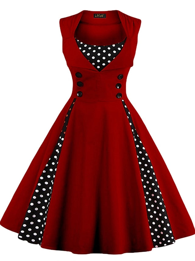 Women‘s Halloween Dress Retro 1950s Vintage Dress Midi Dress Party Button Print Floral V Neck Sleeveless Regular Fit Summer Spring claret Red black S M L XL